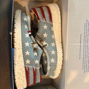 Hey Dude Blue and Red Moccasins with Patriotic Design